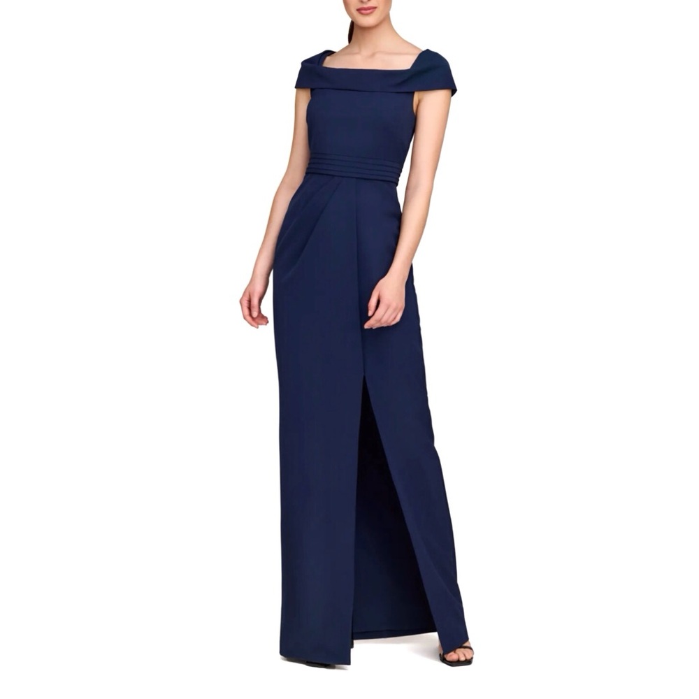 Kay Unger Anastasia Cap Sleeve Column Gown Blue Split Hem Cocktail Dress Size 2